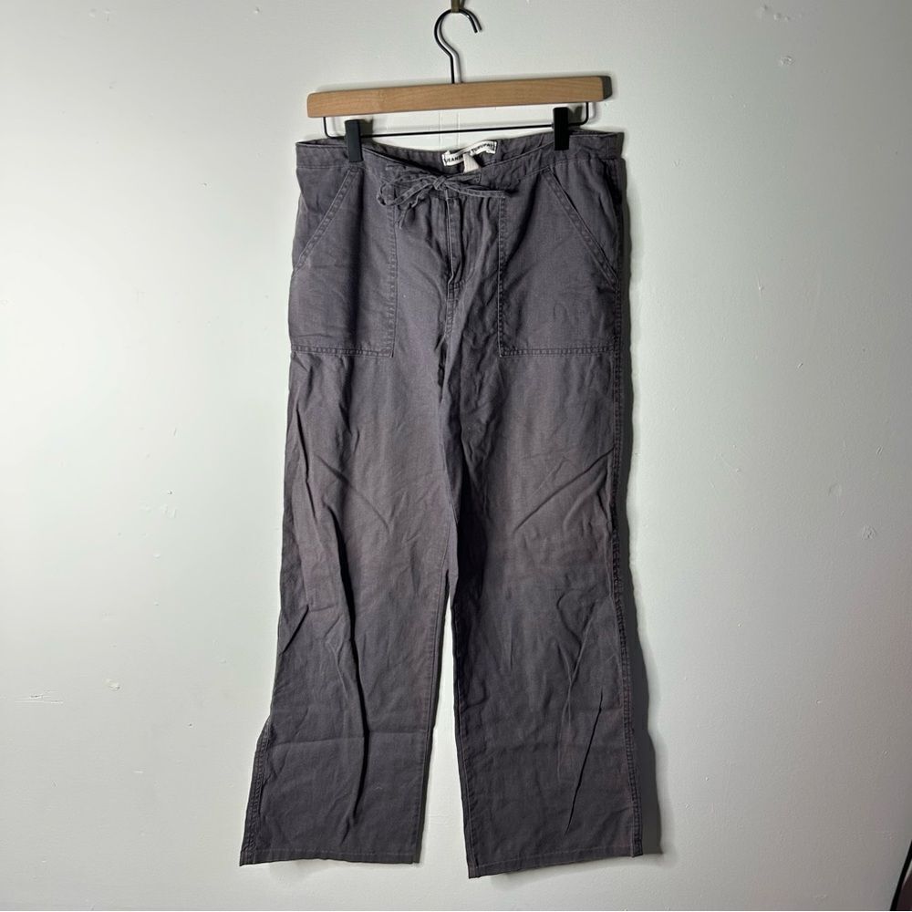 Gray Wide Leg Pants with Relaxed Fit and Drawstring Waist Cotton Linen size 8
